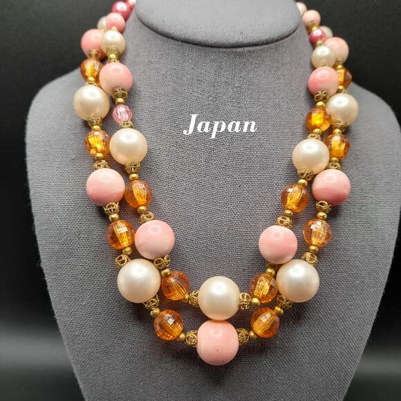 Vintage Japan Pink Bead Necklace, Molded Lucite Beads, 1950s Jewelry - Picture 1 of 15